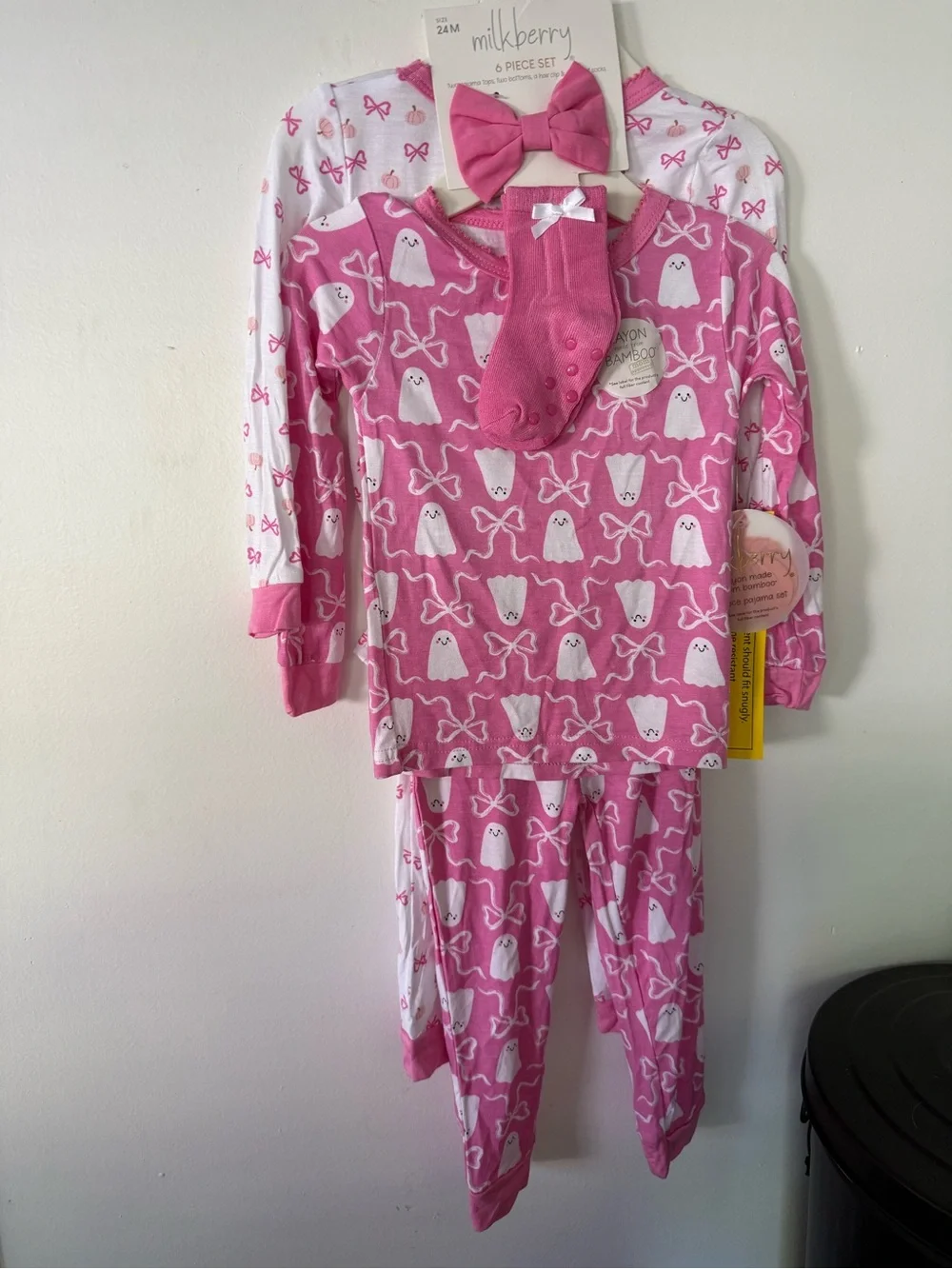 Milkberry Toddler Pink Ghost Bow Pajama Set with Socks & Headband